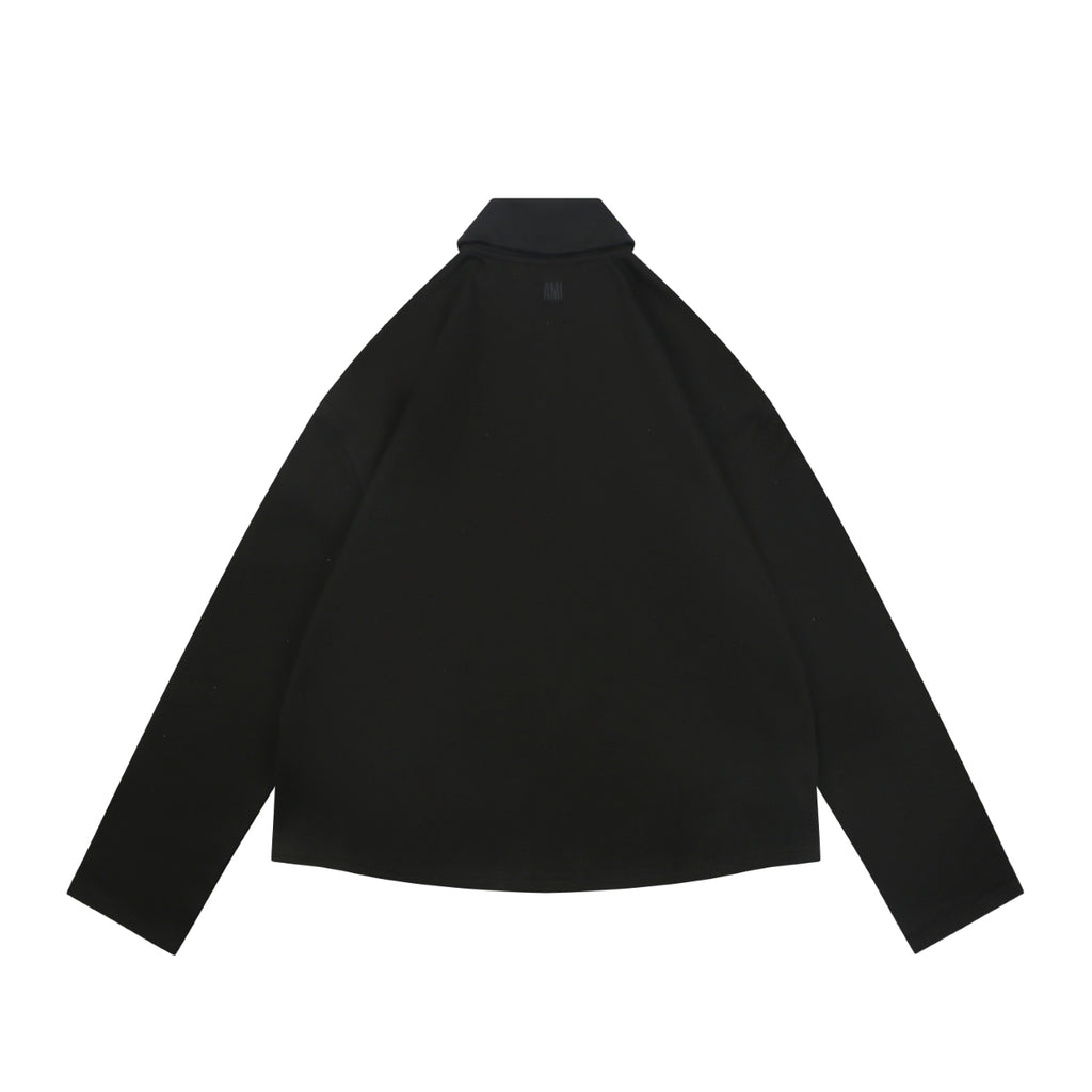 AMI Paris Tonal Heart Texture Relaxed Polo Long Sleeve — Black