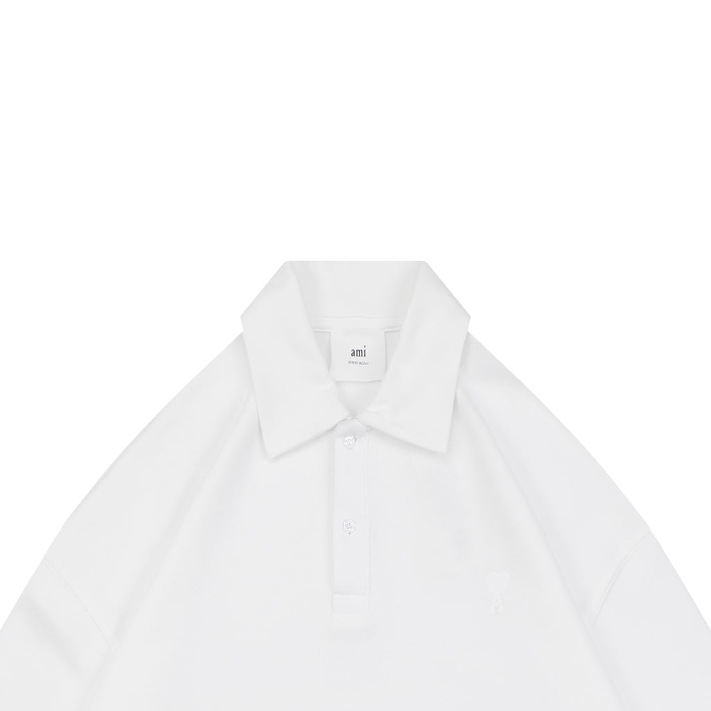 AMI Paris Tonal Heart Jacquard Oversized Polo Long Sleeve — Black