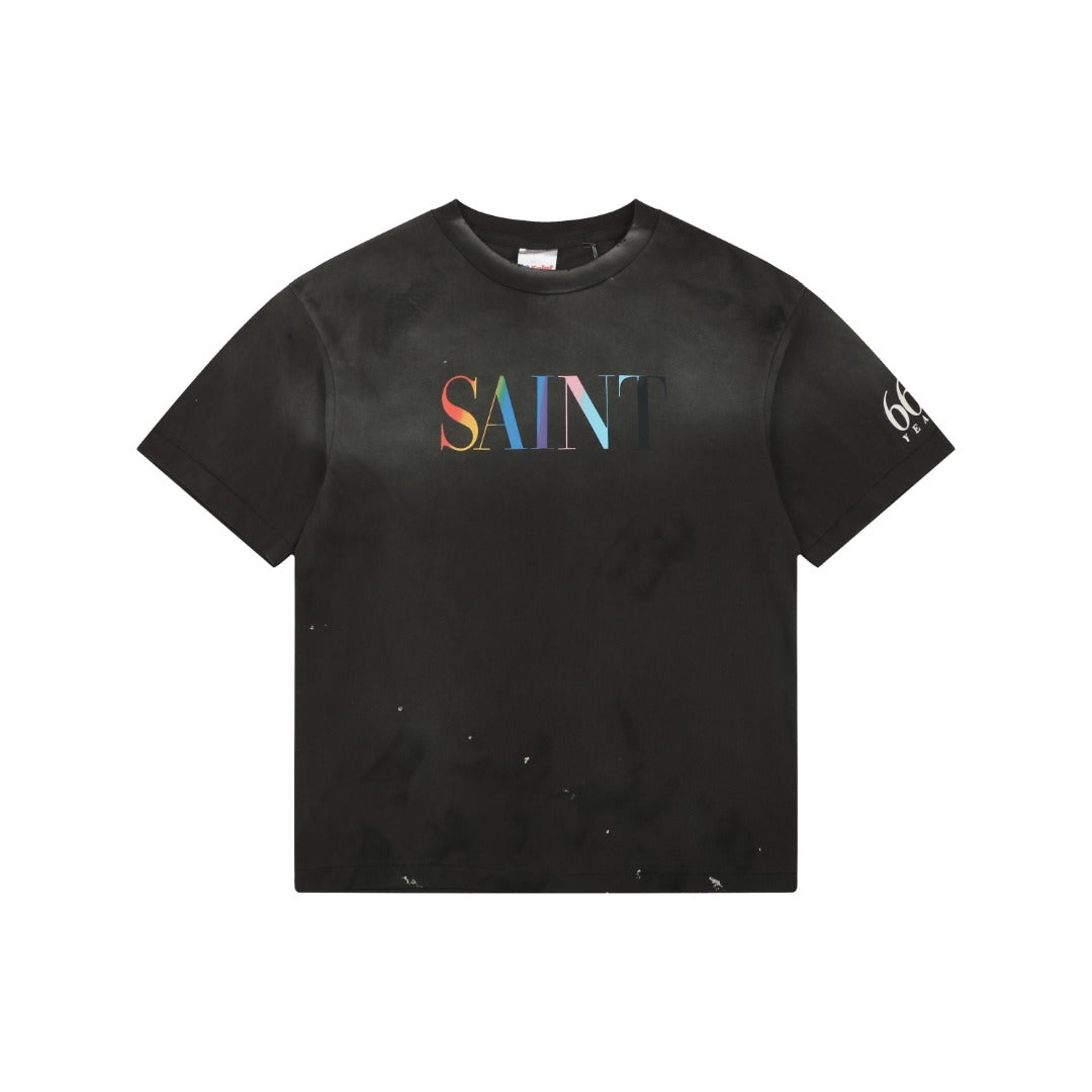 Saint Michael Rainbow SAINT Letter Print Tee — Black