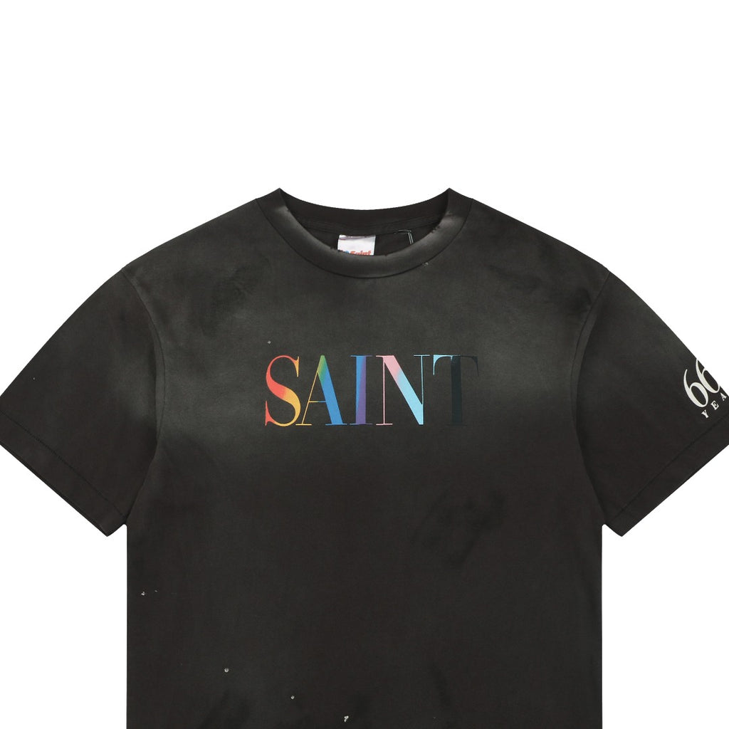 Saint Michael Rainbow SAINT Letter Print Tee — Black