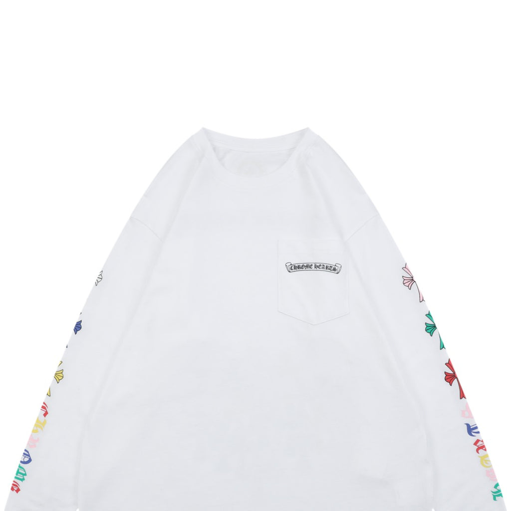 Chrome Hearts Sanskrit Scroll Rainbow Cross Fleur Print Long Sleeve — White