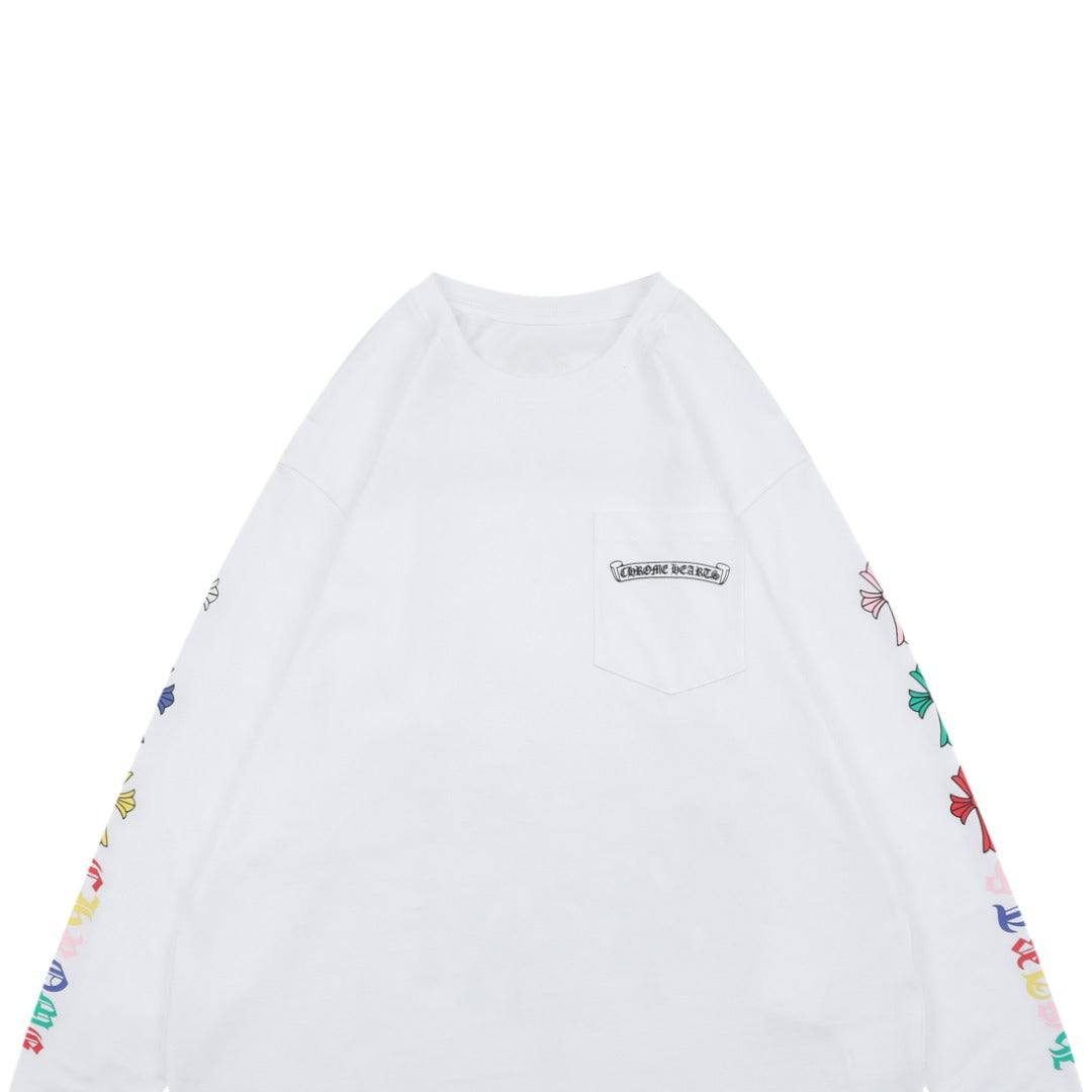 Chrome Hearts Sanskrit Scroll Rainbow Cross Fleur Print Long Sleeve — White