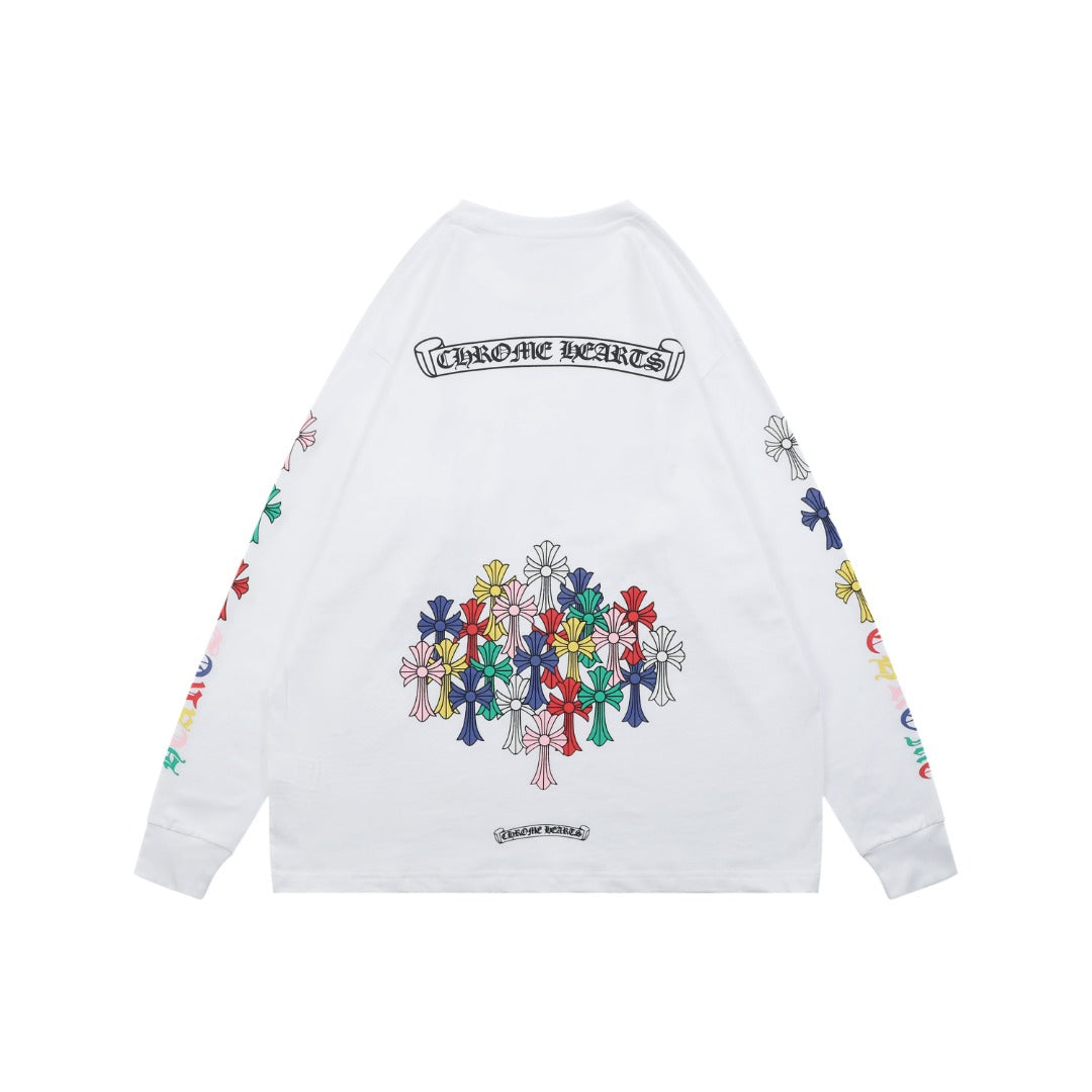 Chrome Hearts Sanskrit Scroll Rainbow Cross Fleur Print Long Sleeve — White