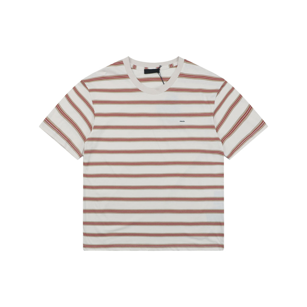 Prada Cream Burgundy Multi-Stripe Short Sleeve Tee