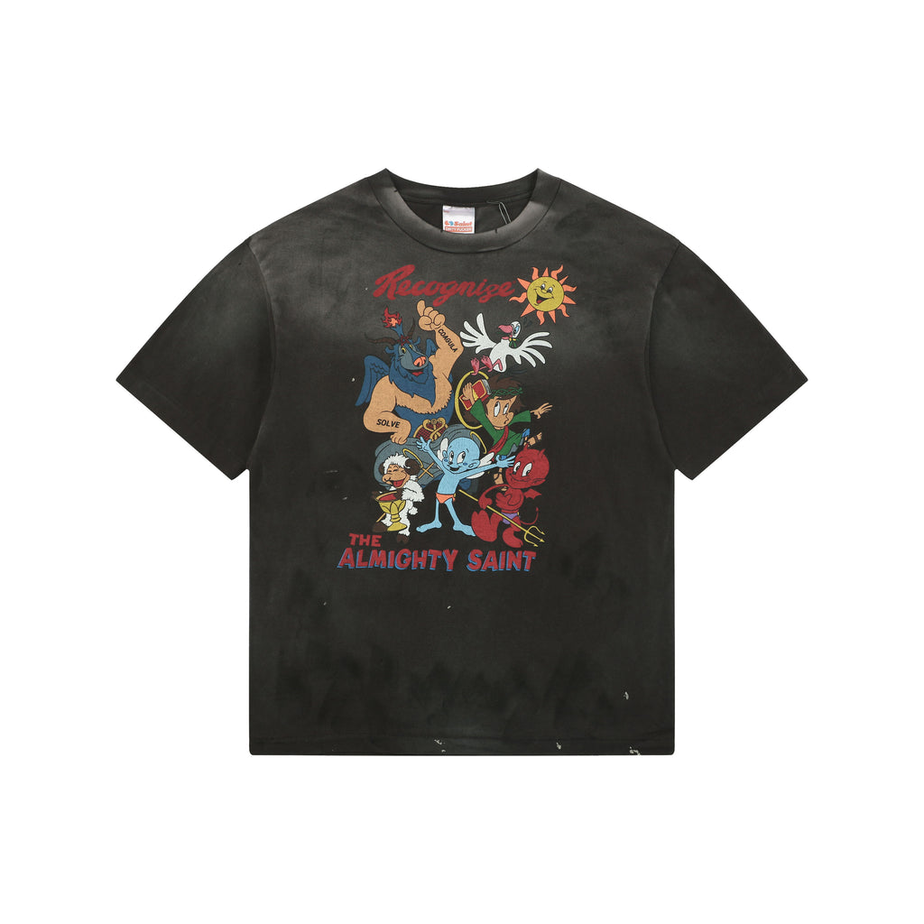 Saint Michael The Almighty Saint Cartoon Deity Print Tee — Washed Black