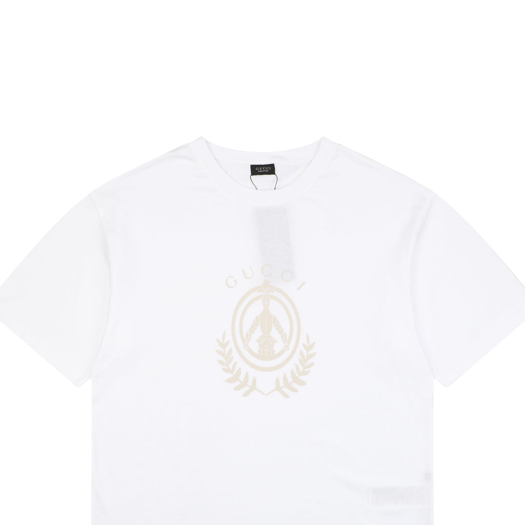 Gucci Laurel Branch Knight Crest Print Short Sleeve Tee — White