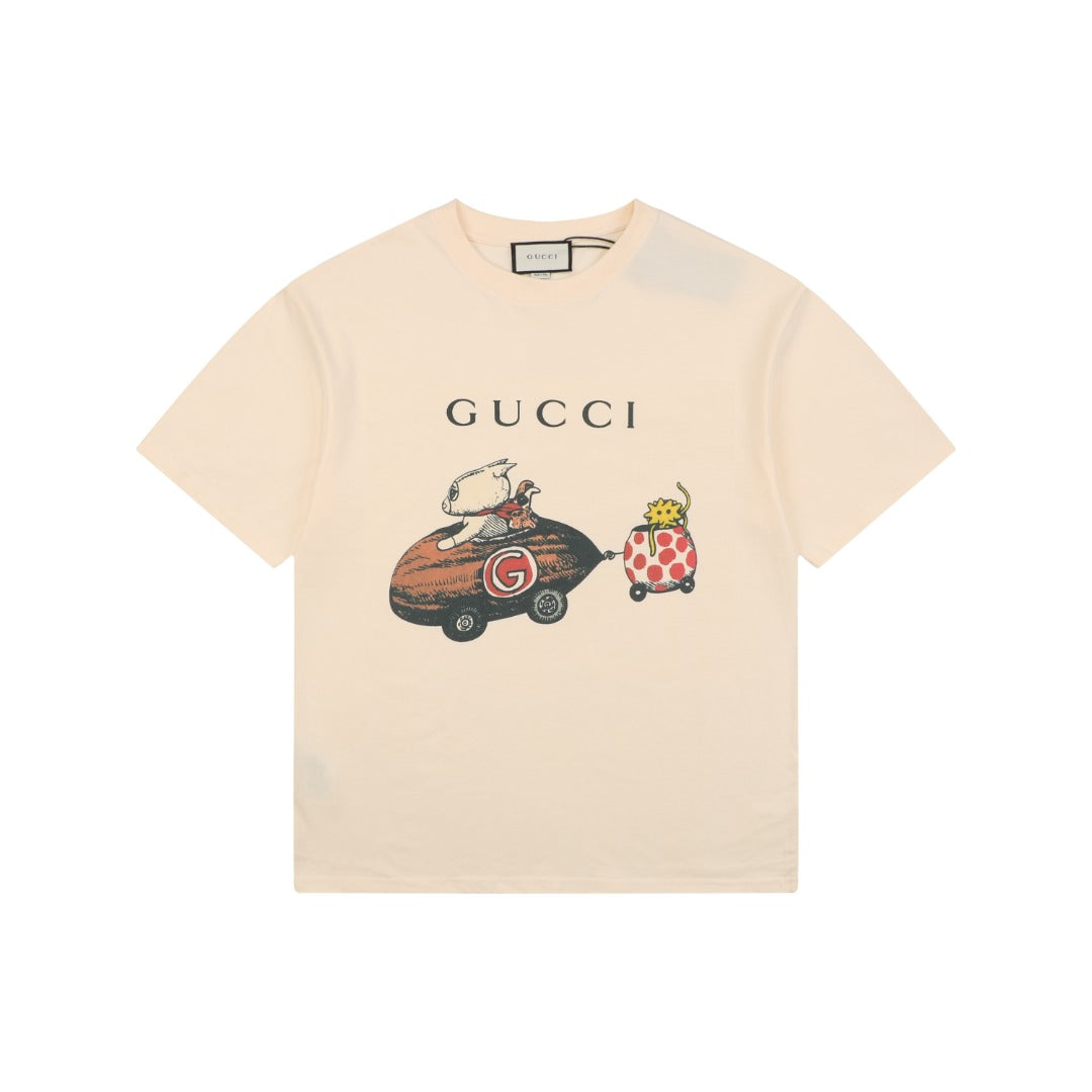 Gucci Meow Time Cat & Car Print Short Sleeve Tee — Cream