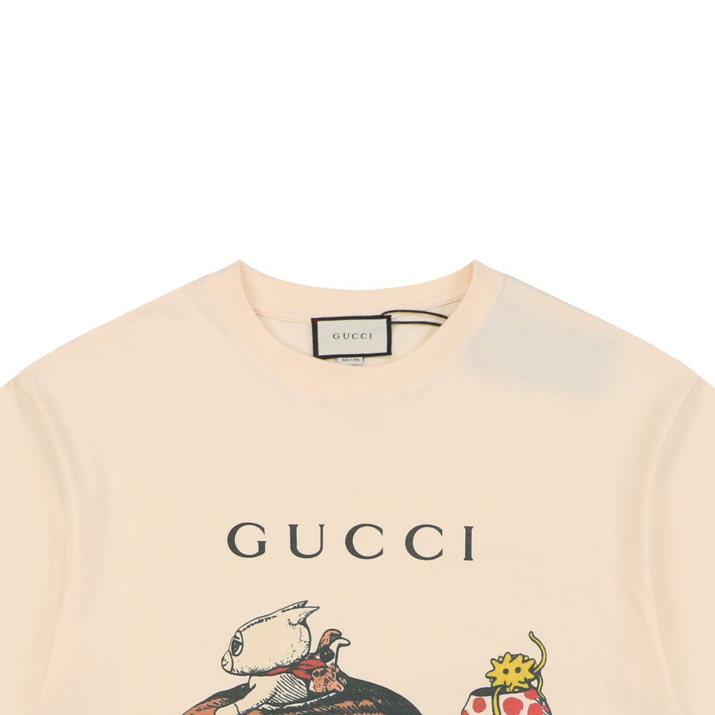 Gucci Meow Time Cat & Car Print Short Sleeve Tee — Cream