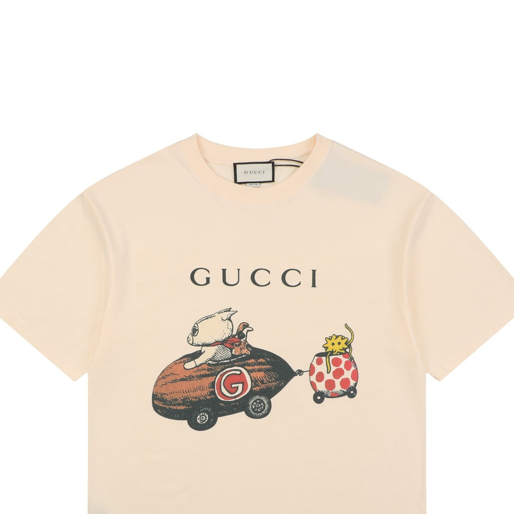 Gucci Meow Time Cat & Car Print Short Sleeve Tee — Cream