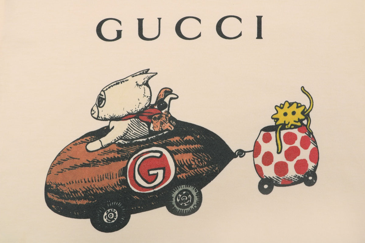 Gucci Meow Time Cat & Car Print Short Sleeve Tee — Cream