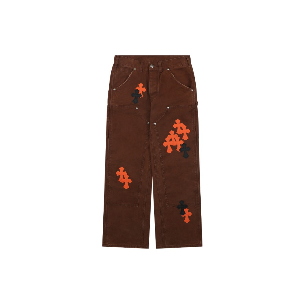 Chrome Hearts Cross Leather Patch Logger Denim Jeans — Black Brown