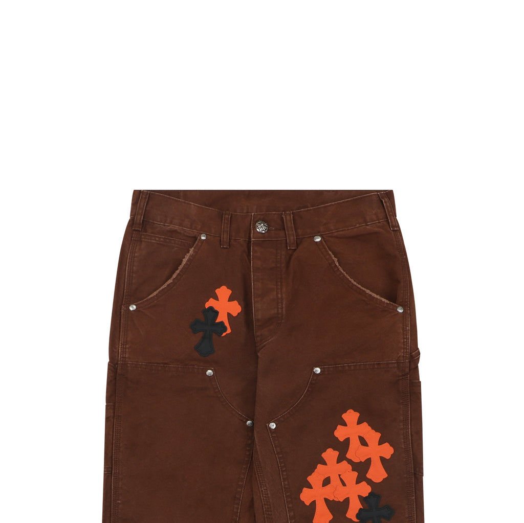 Chrome Hearts Cross Leather Patch Logger Denim Jeans — Black Brown
