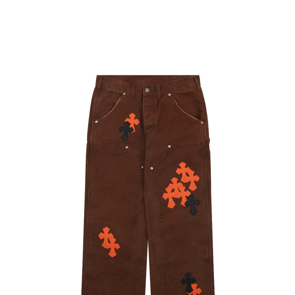 Chrome Hearts Cross Leather Patch Logger Denim Jeans — Black Brown