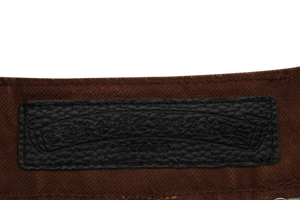 Chrome Hearts Cross Leather Patch Logger Denim Jeans — Black Brown