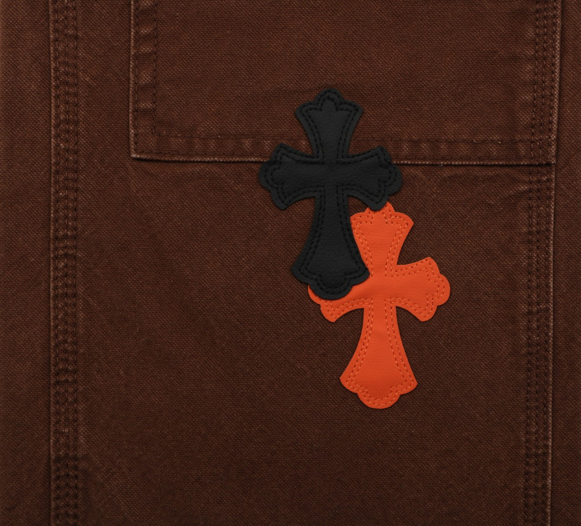 Chrome Hearts Cross Leather Patch Logger Denim Jeans — Black Brown