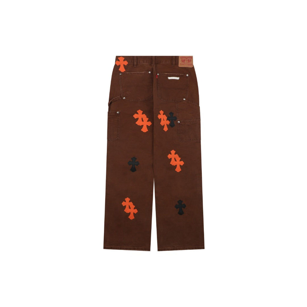 Chrome Hearts Cross Leather Patch Logger Denim Jeans — Black Brown