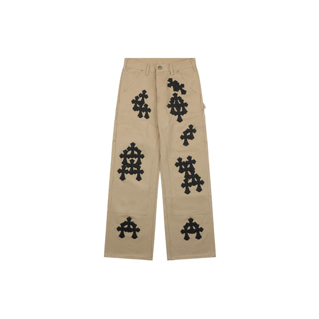 Chrome Hearts Cross Leather Appliqué Carpenter Jeans — Black Khaki