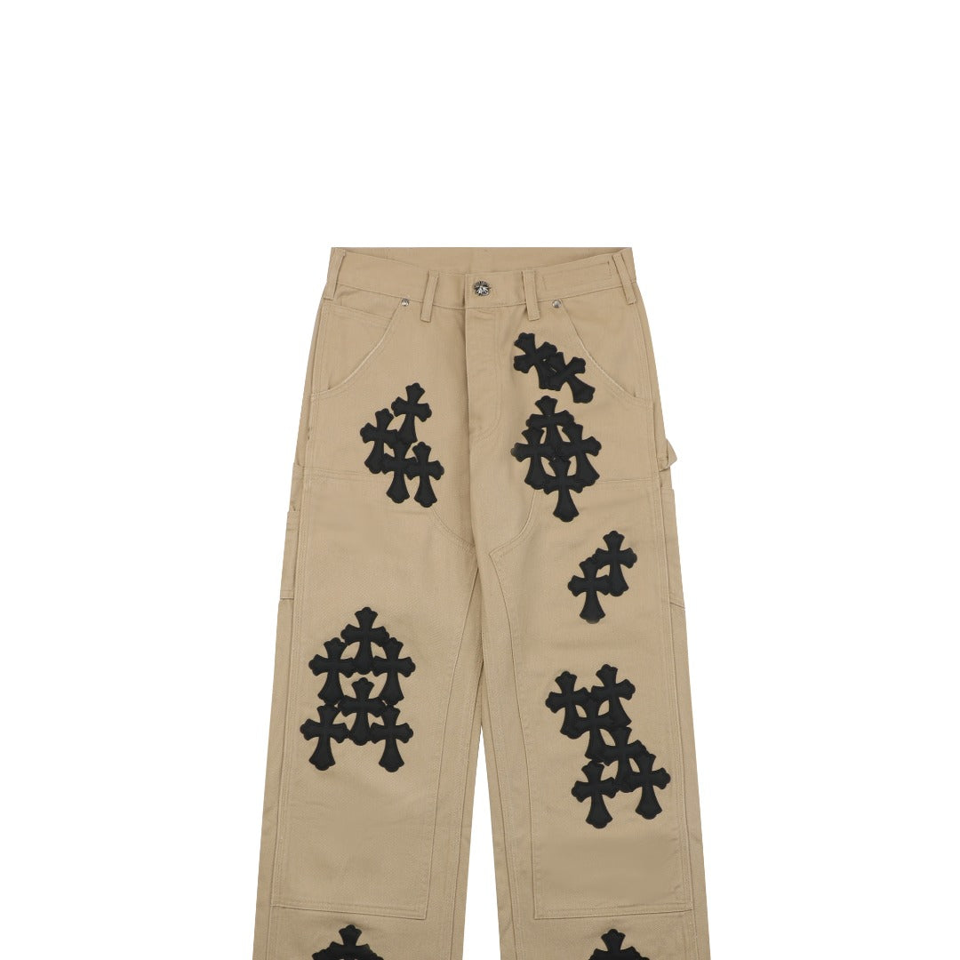Chrome Hearts Cross Leather Appliqué Carpenter Jeans — Black Khaki