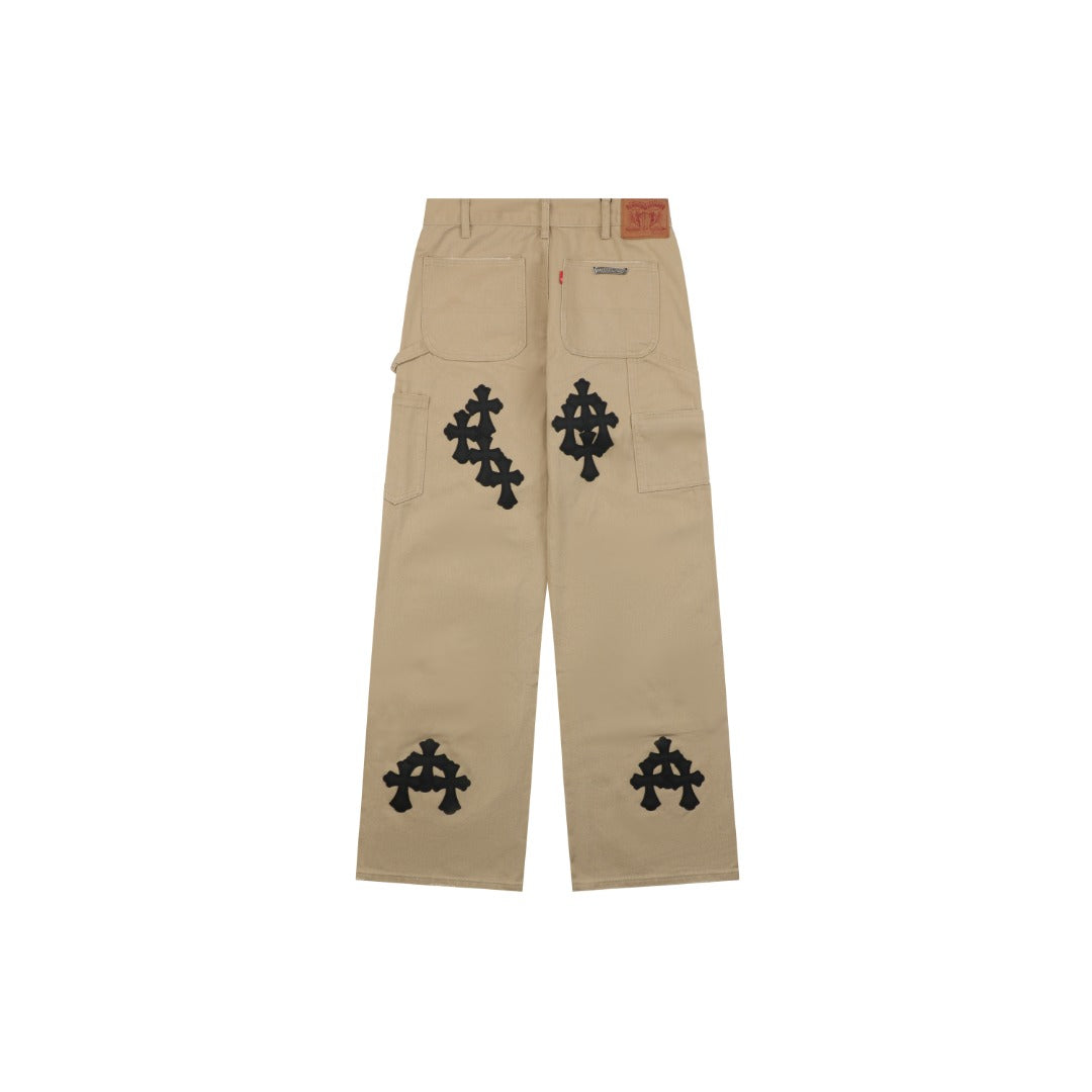 Chrome Hearts Cross Leather Appliqué Carpenter Jeans — Black Khaki