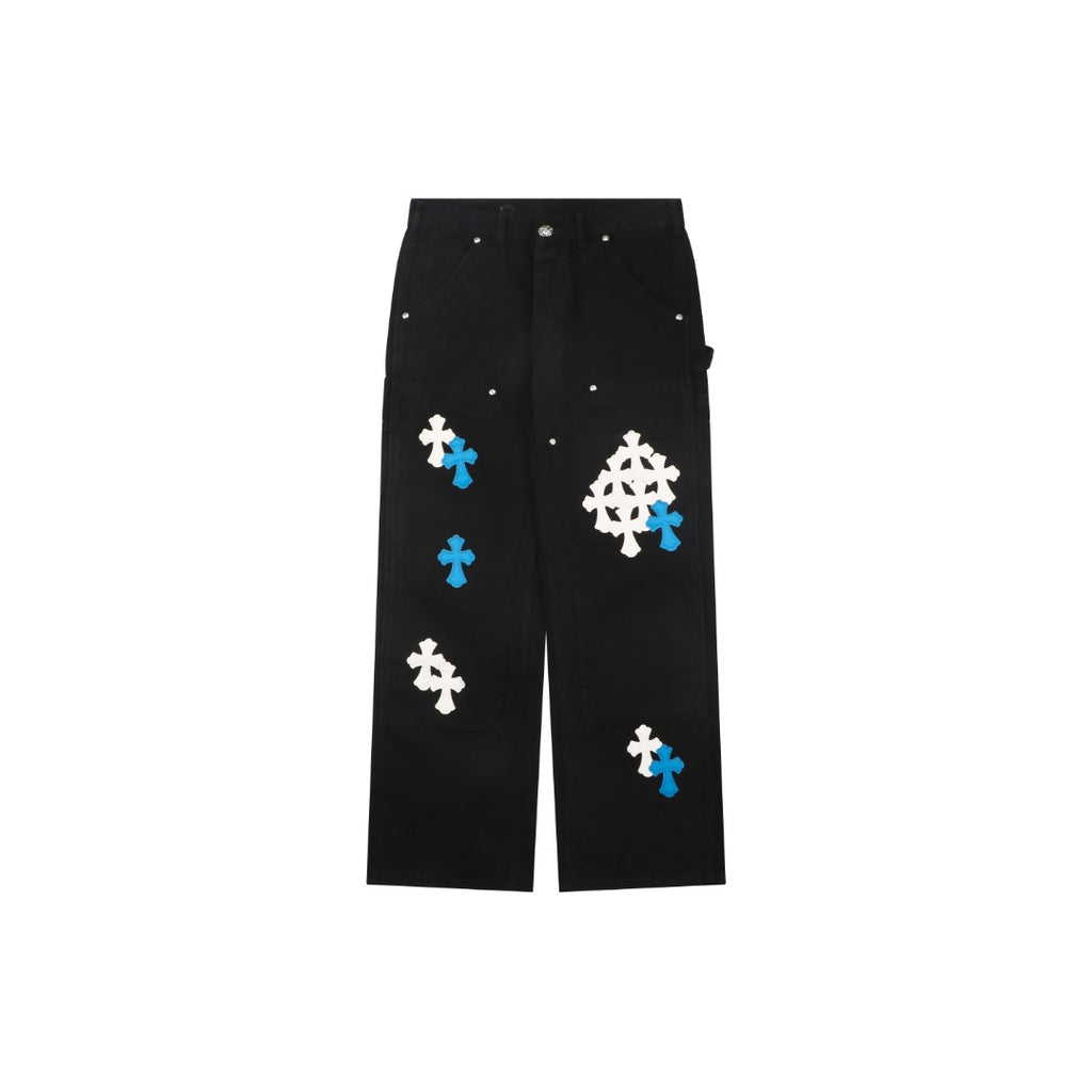 Chrome Hearts Cross Leather Patch Logger Denim Jeans — Blue White Black