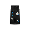Chrome Hearts Cross Leather Patch Logger Denim Jeans — Blue White Black