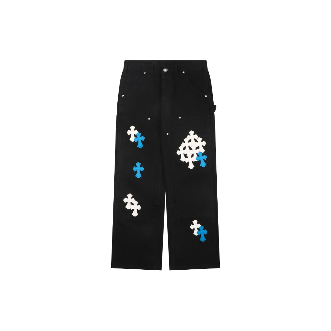 Chrome Hearts Cross Leather Patch Logger Denim Jeans — Blue White Black