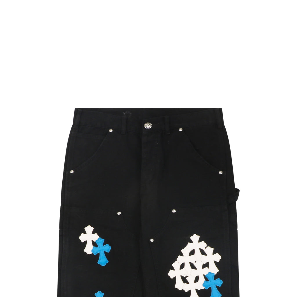 Chrome Hearts Cross Leather Patch Logger Denim Jeans — Blue White Black