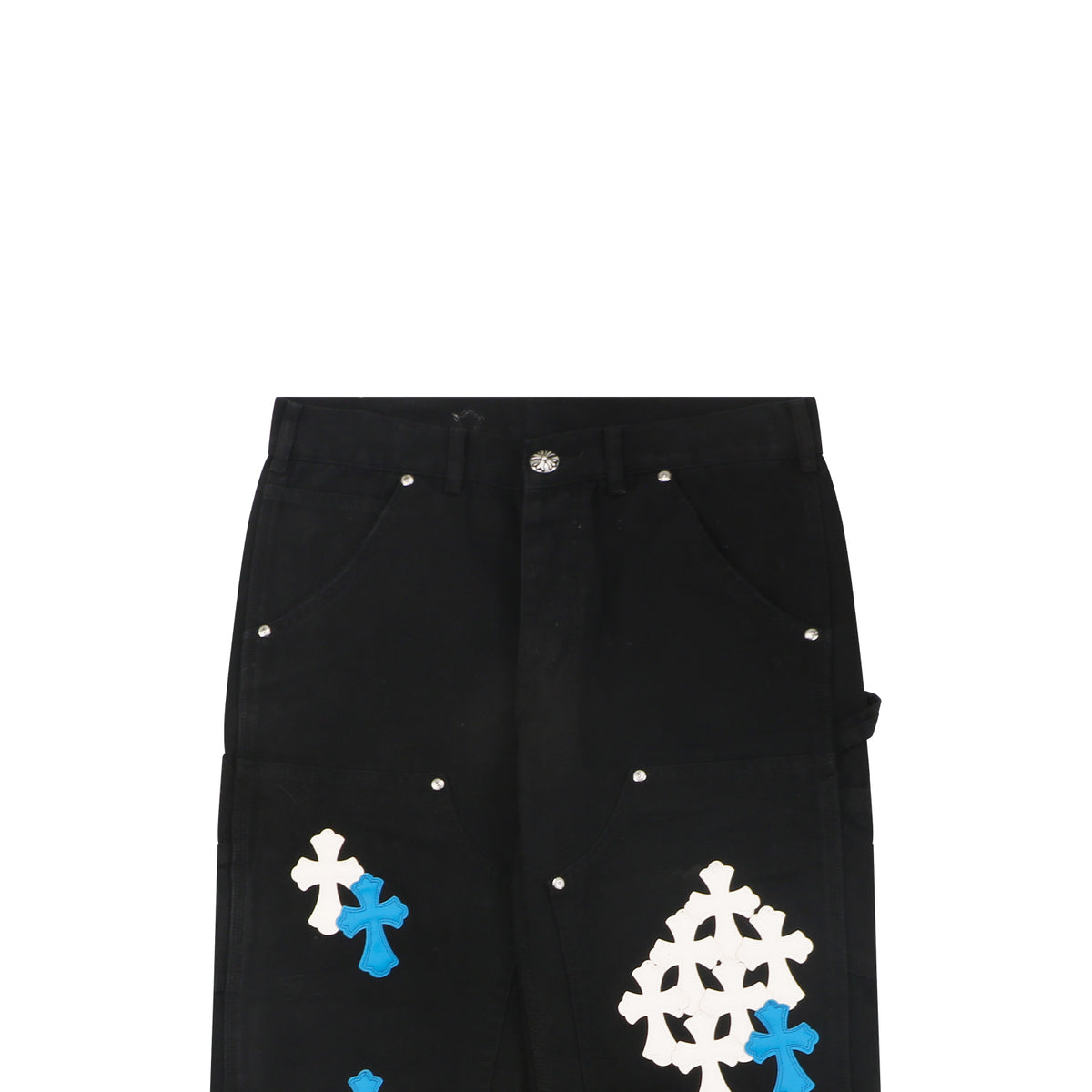Chrome Hearts Cross Leather Patch Logger Denim Jeans — Blue White Black