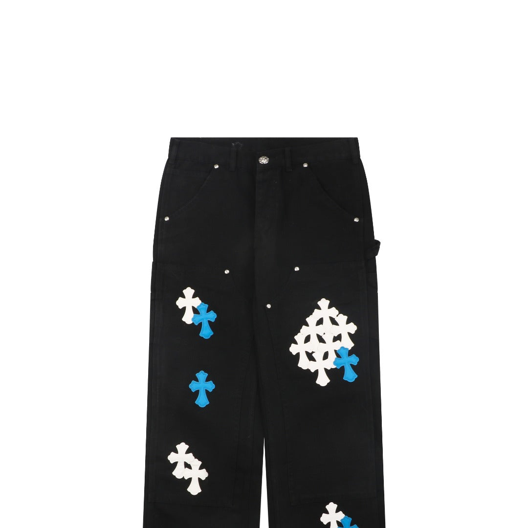 Chrome Hearts Cross Leather Patch Logger Denim Jeans — Blue White Black