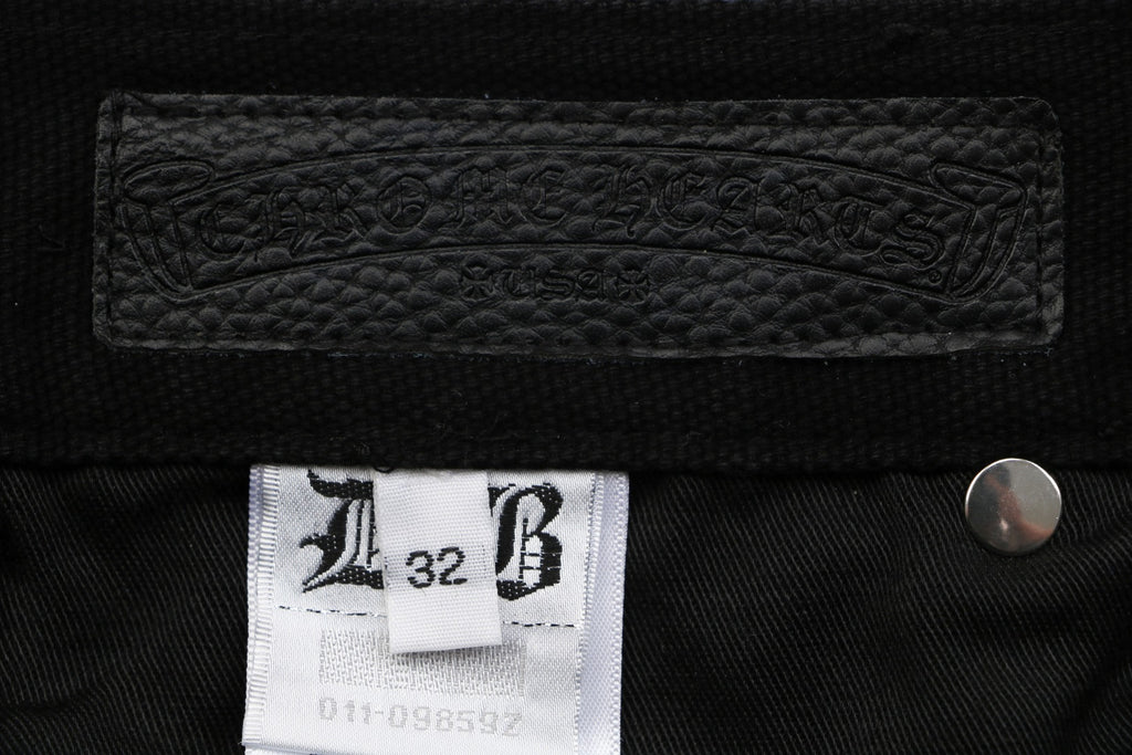 Chrome Hearts Cross Leather Patch Logger Denim Jeans — Blue White Black