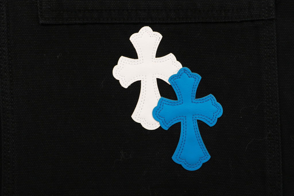 Chrome Hearts Cross Leather Patch Logger Denim Jeans — Blue White Black