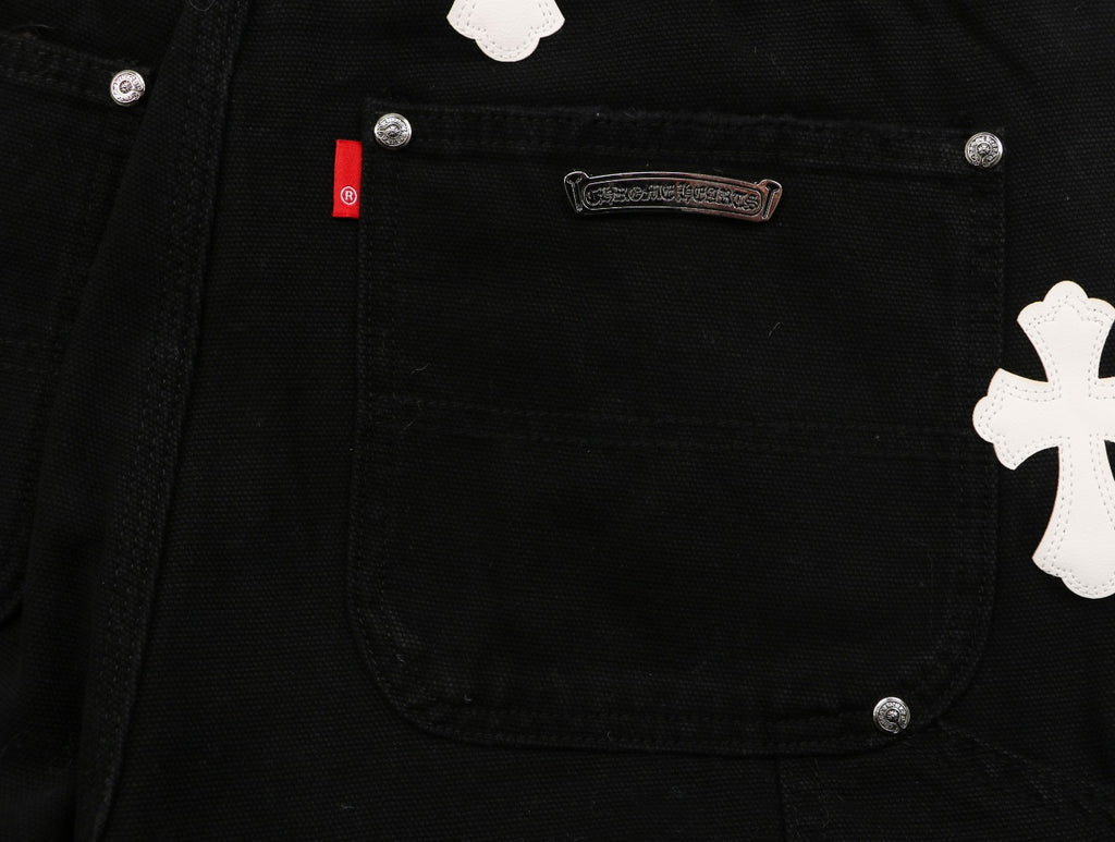 Chrome Hearts Cross Leather Patch Logger Denim Jeans — Blue White Black