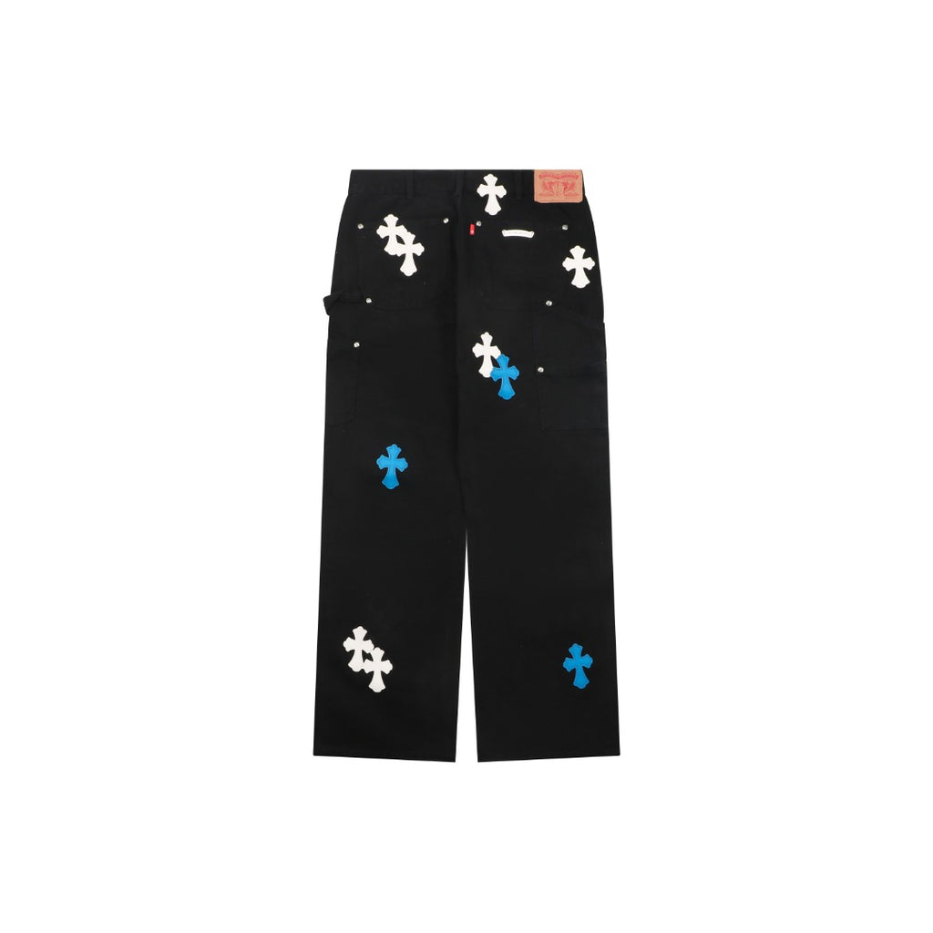 Chrome Hearts Cross Leather Patch Logger Denim Jeans — Blue White Black