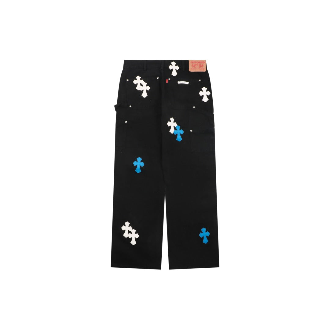 Chrome Hearts Cross Leather Patch Logger Denim Jeans — Blue White Black
