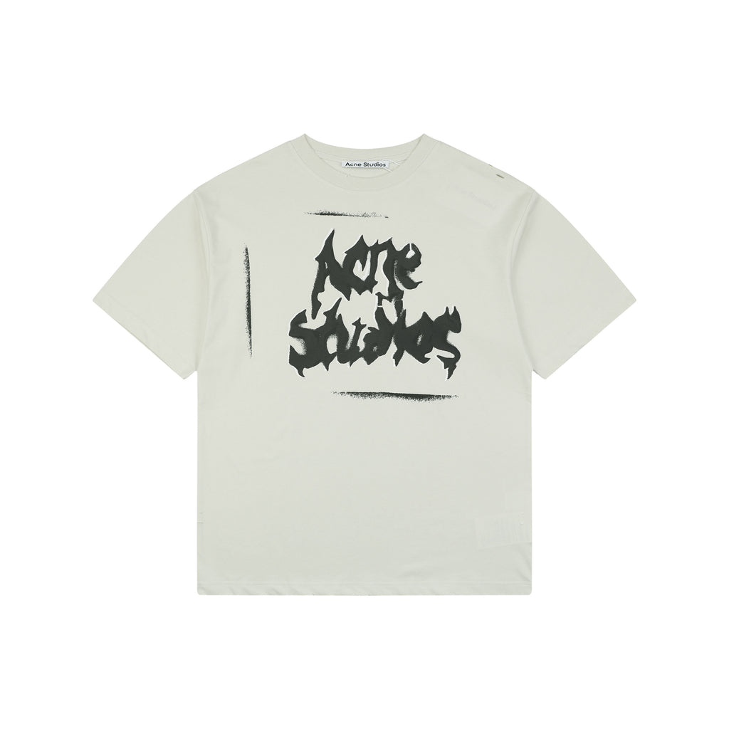 Acne Studios Blade Letter Distressed Logo Print Short Sleeve Tee — Cream