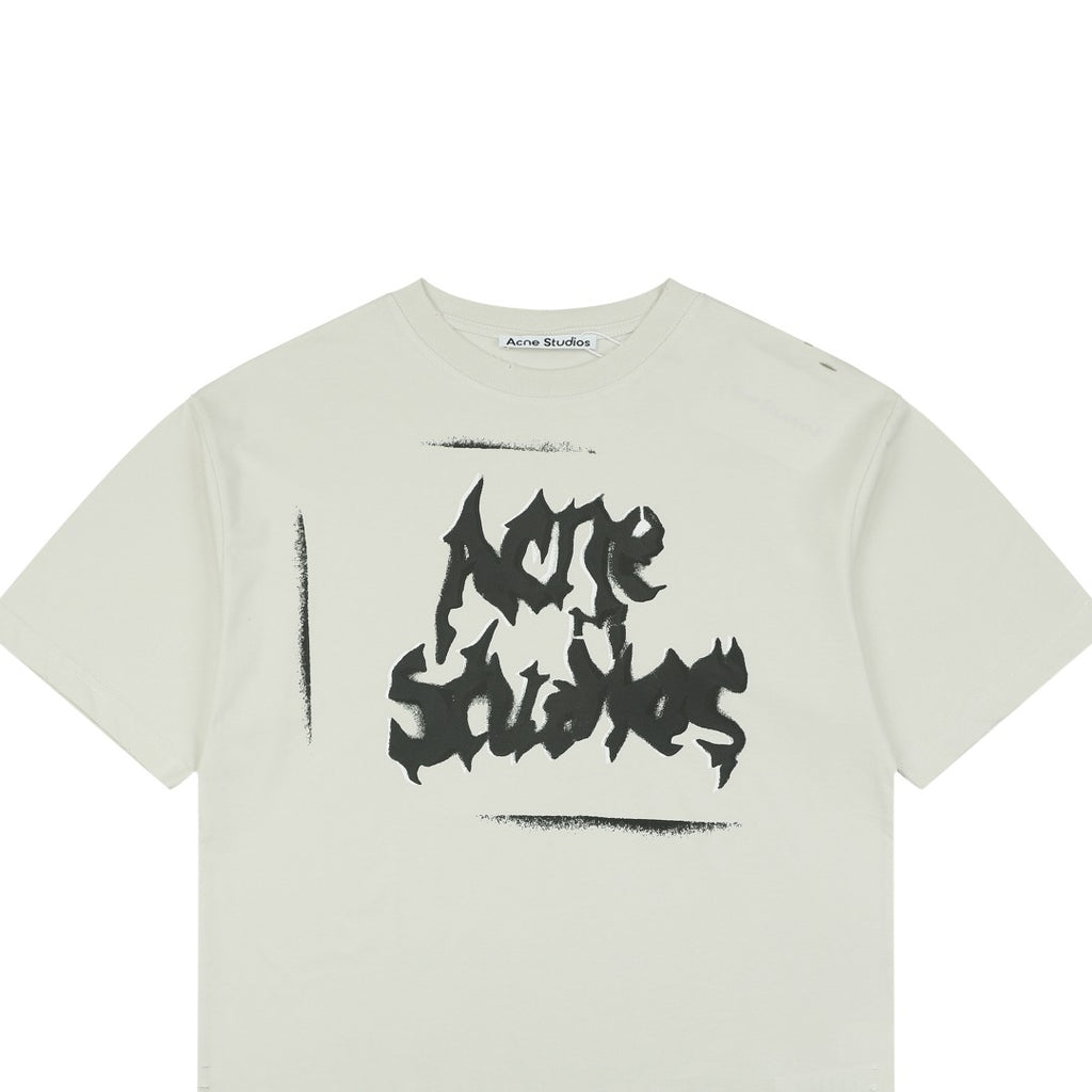 Acne Studios Blade Letter Distressed Logo Print Short Sleeve Tee — Cream