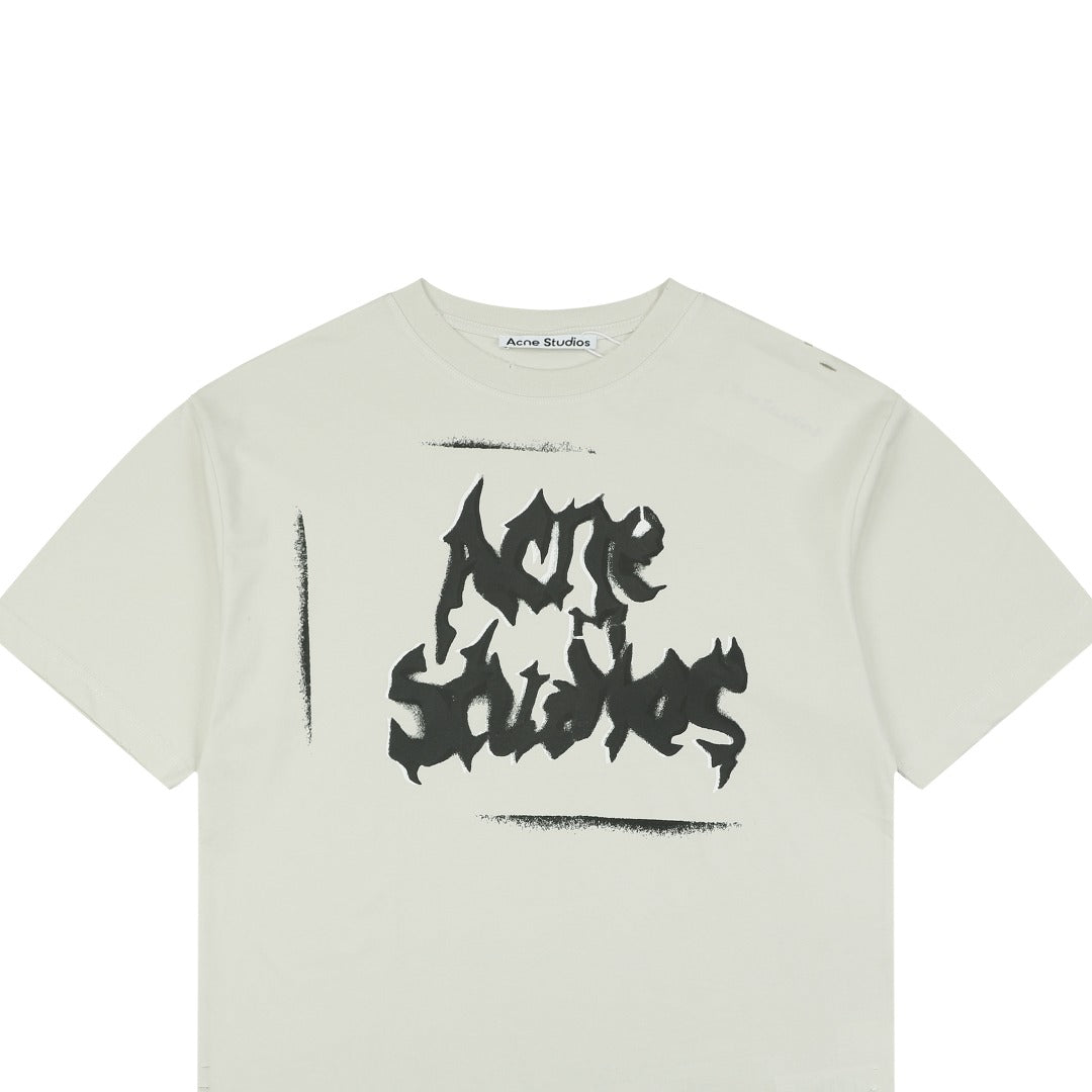 Acne Studios Blade Letter Distressed Logo Print Short Sleeve Tee — Cream