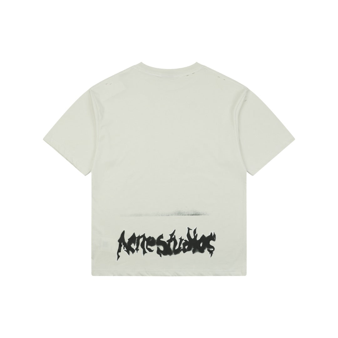 Acne Studios Blade Letter Distressed Logo Print Short Sleeve Tee — Cream