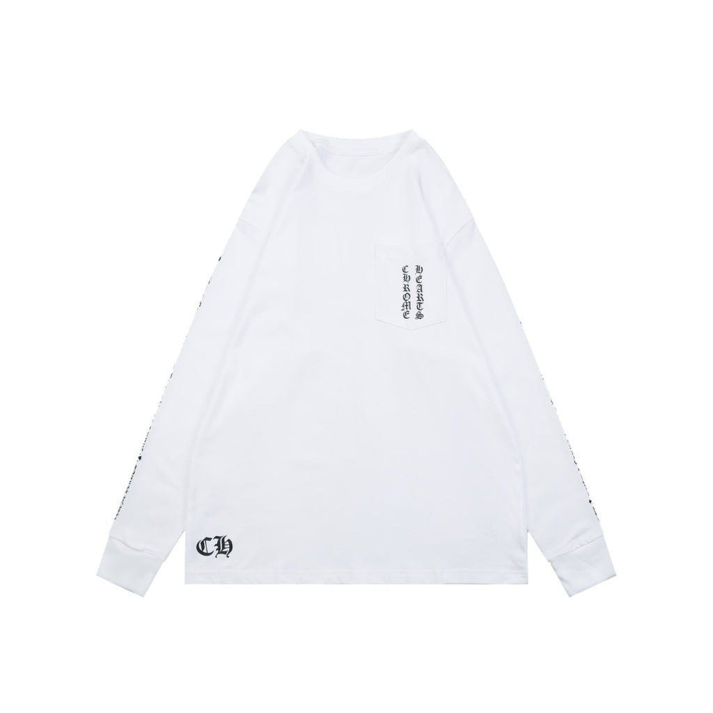 Chrome Hearts Ornate Floral Cross Print Long Sleeve Tee — White