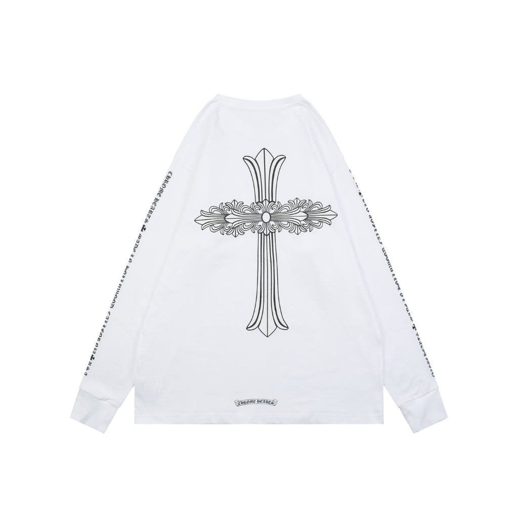 Chrome Hearts Ornate Floral Cross Print Long Sleeve Tee — White