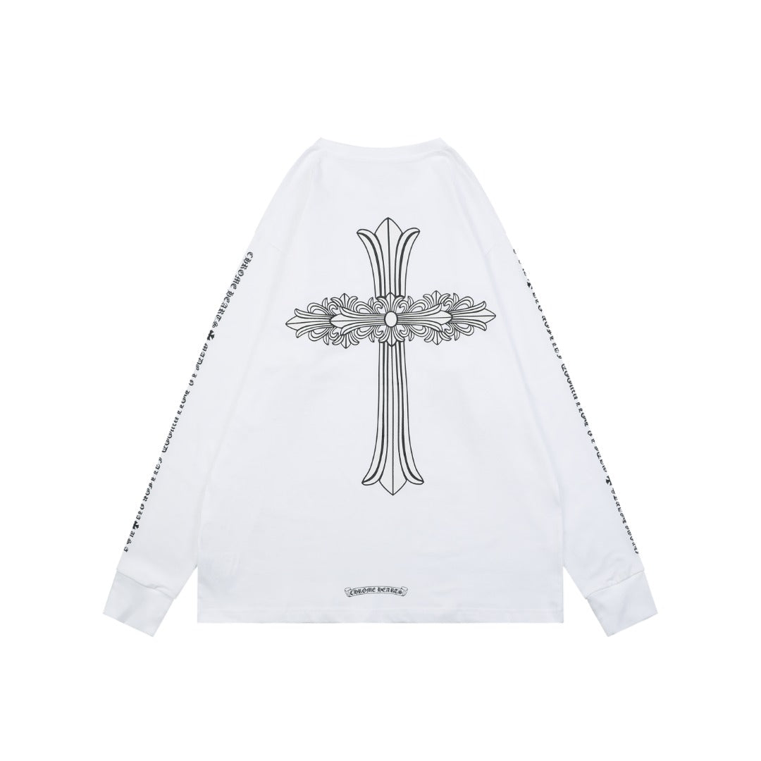 Chrome Hearts Ornate Floral Cross Print Long Sleeve Tee — White