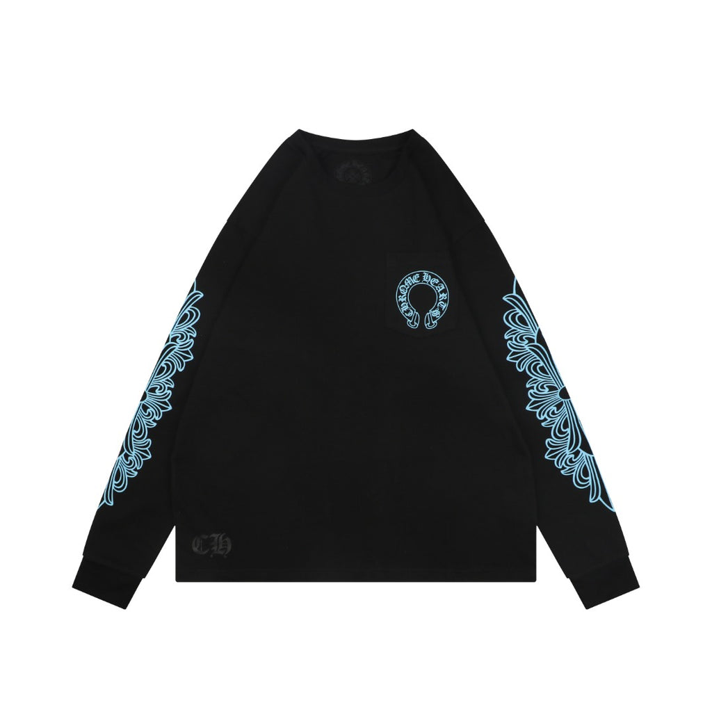 Chrome Hearts Miami Horseshoe Crest Floral Scroll Long Sleeve Tee — Black Teal