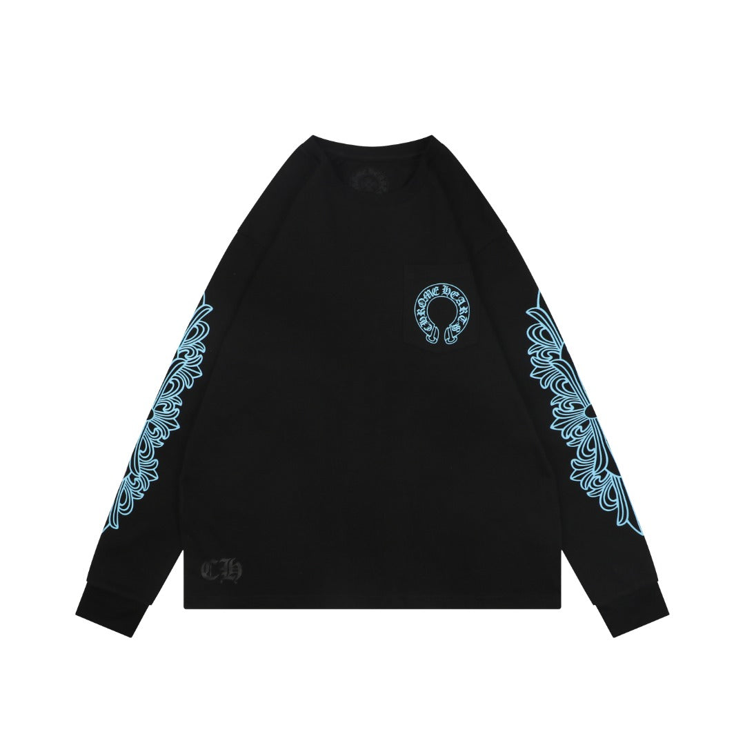 Chrome Hearts Miami Horseshoe Crest Floral Scroll Long Sleeve Tee — Black Teal