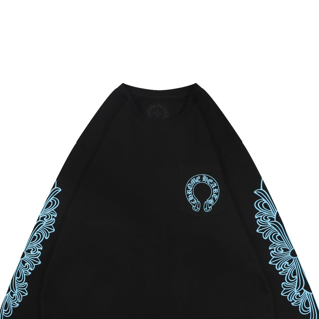 Chrome Hearts Miami Horseshoe Crest Floral Scroll Long Sleeve Tee — Black Teal