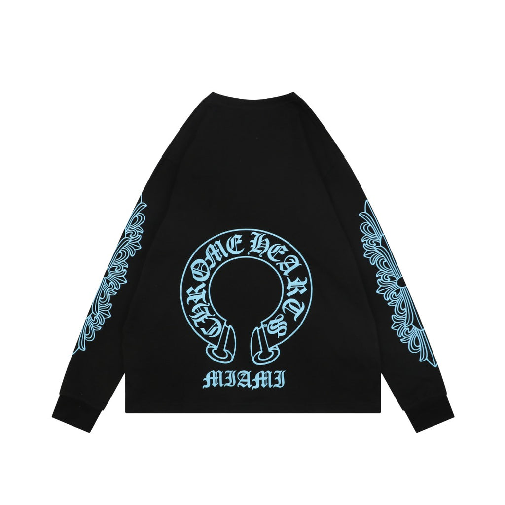 Chrome Hearts Miami Horseshoe Crest Floral Scroll Long Sleeve Tee — Black Teal