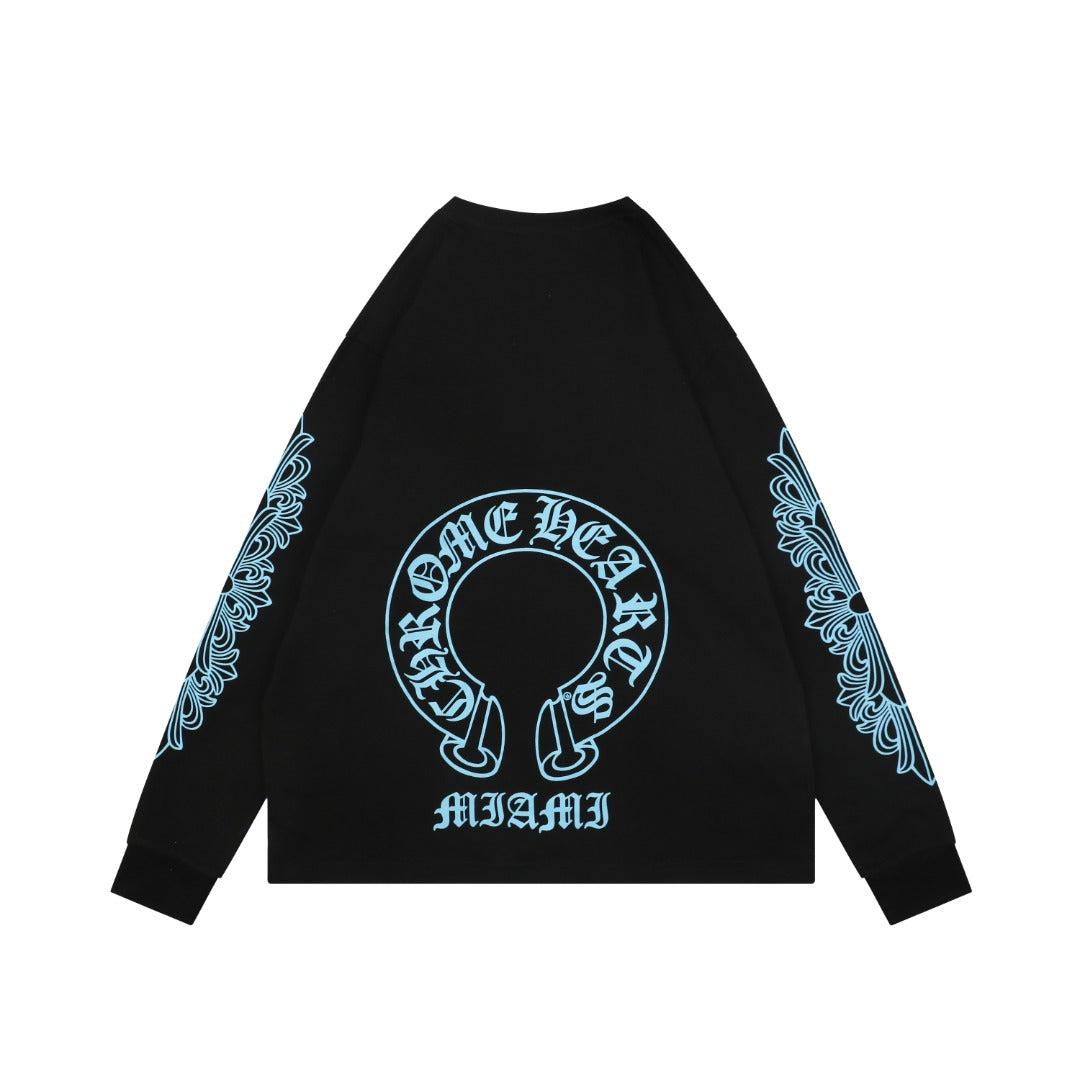 Chrome Hearts Miami Horseshoe Crest Floral Scroll Long Sleeve Tee — Black Teal