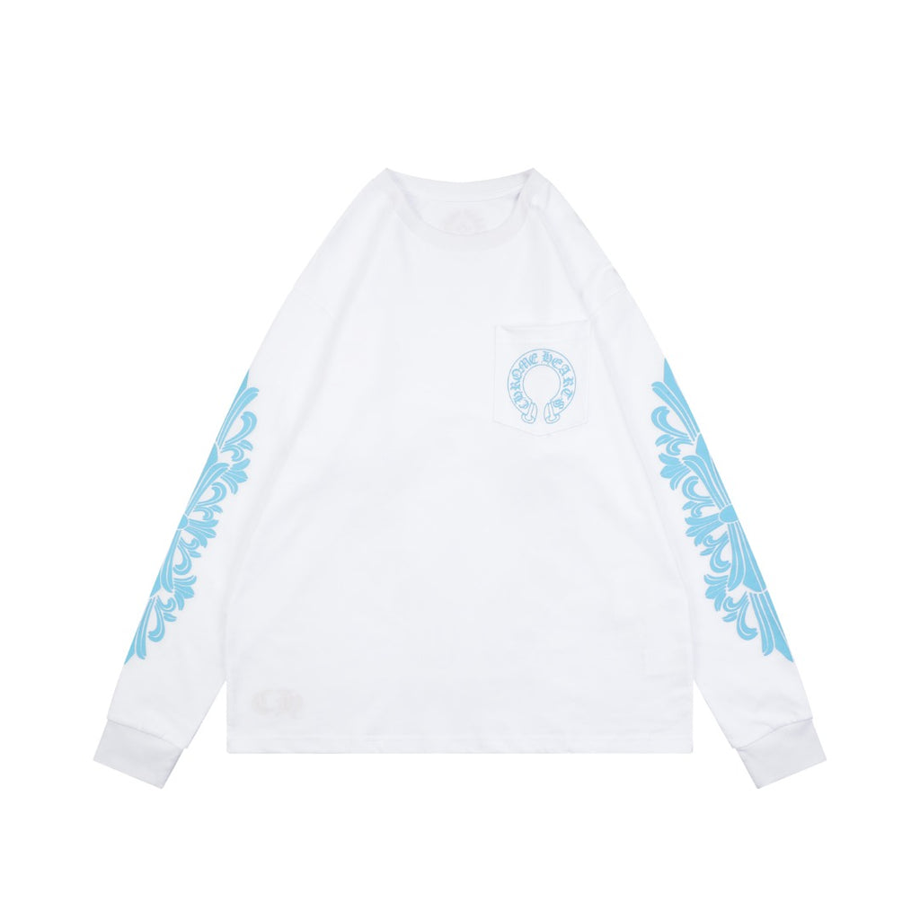 Chrome Hearts Miami Horseshoe Crest Floral Scroll Long Sleeve Tee — White Teal