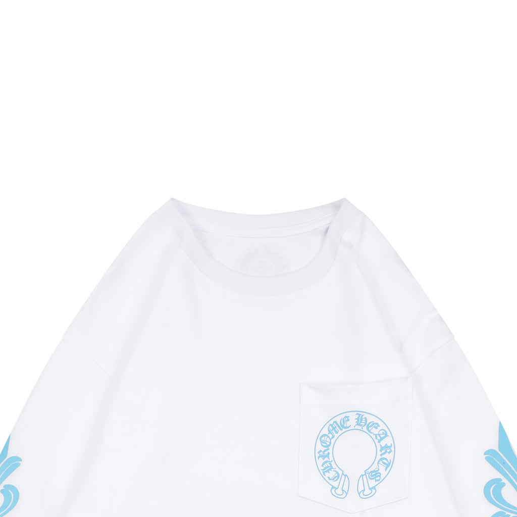 Chrome Hearts Miami Horseshoe Crest Floral Scroll Long Sleeve Tee — White Teal
