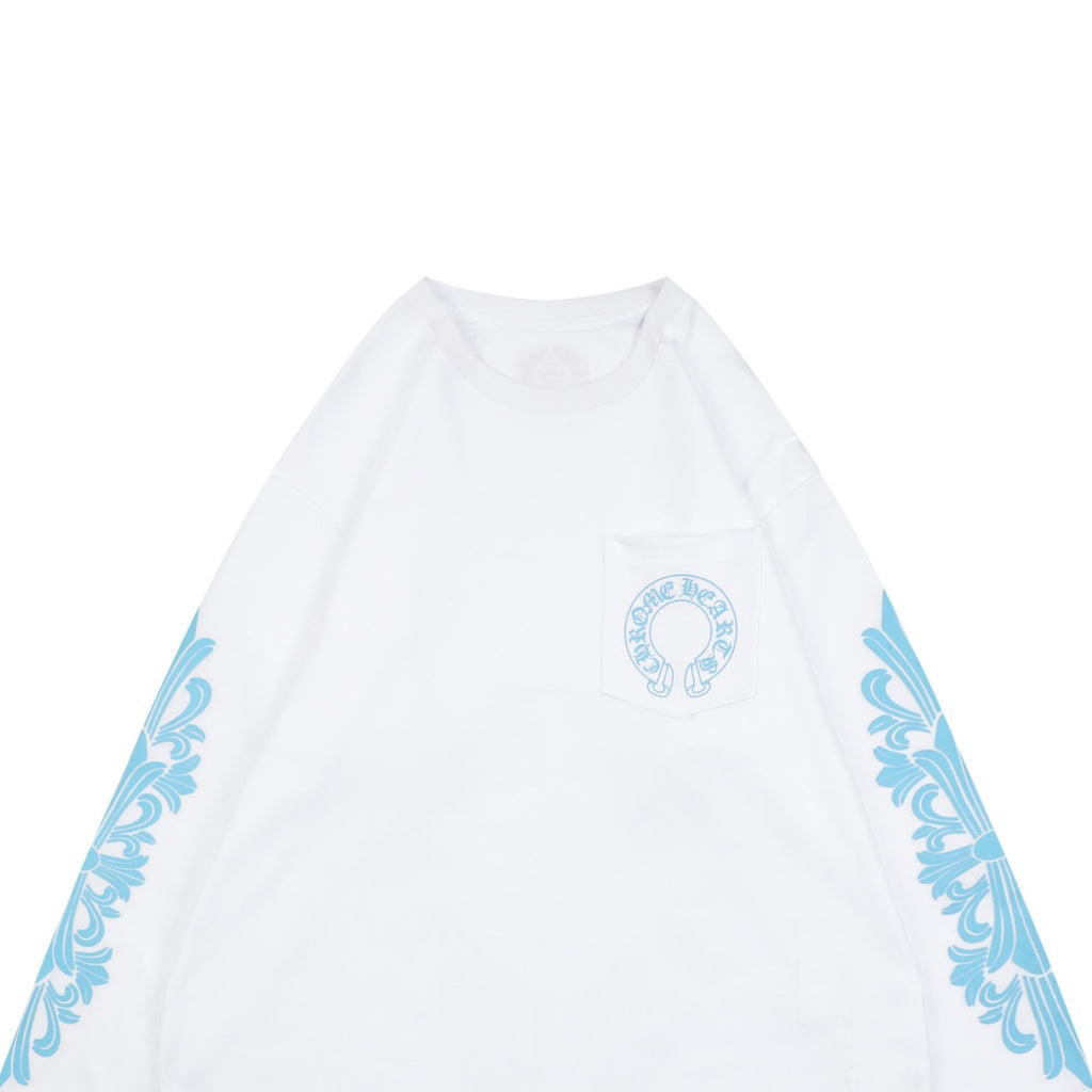 Chrome Hearts Miami Horseshoe Crest Floral Scroll Long Sleeve Tee — White Teal