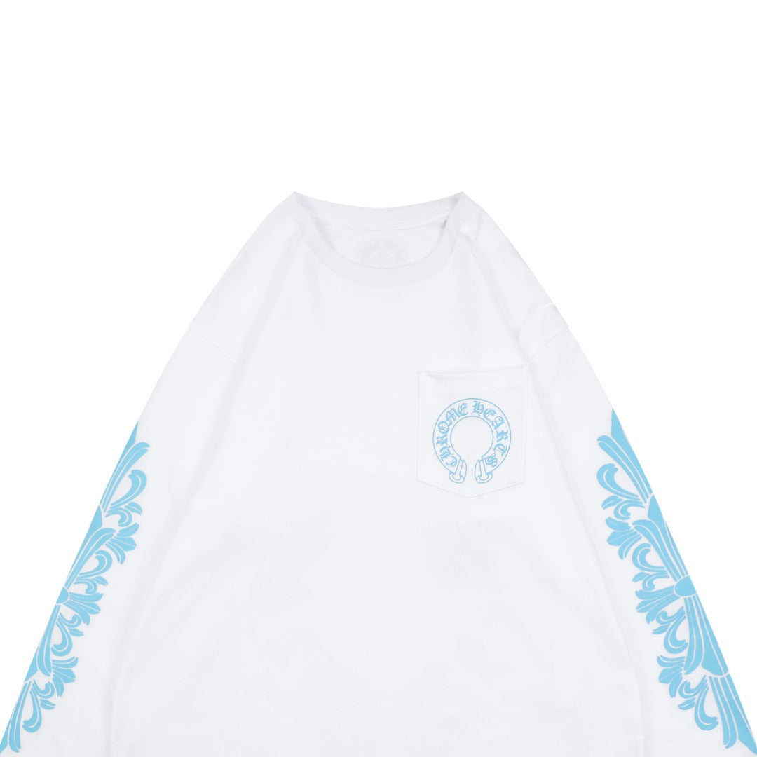Chrome Hearts Miami Horseshoe Crest Floral Scroll Long Sleeve Tee — White Teal